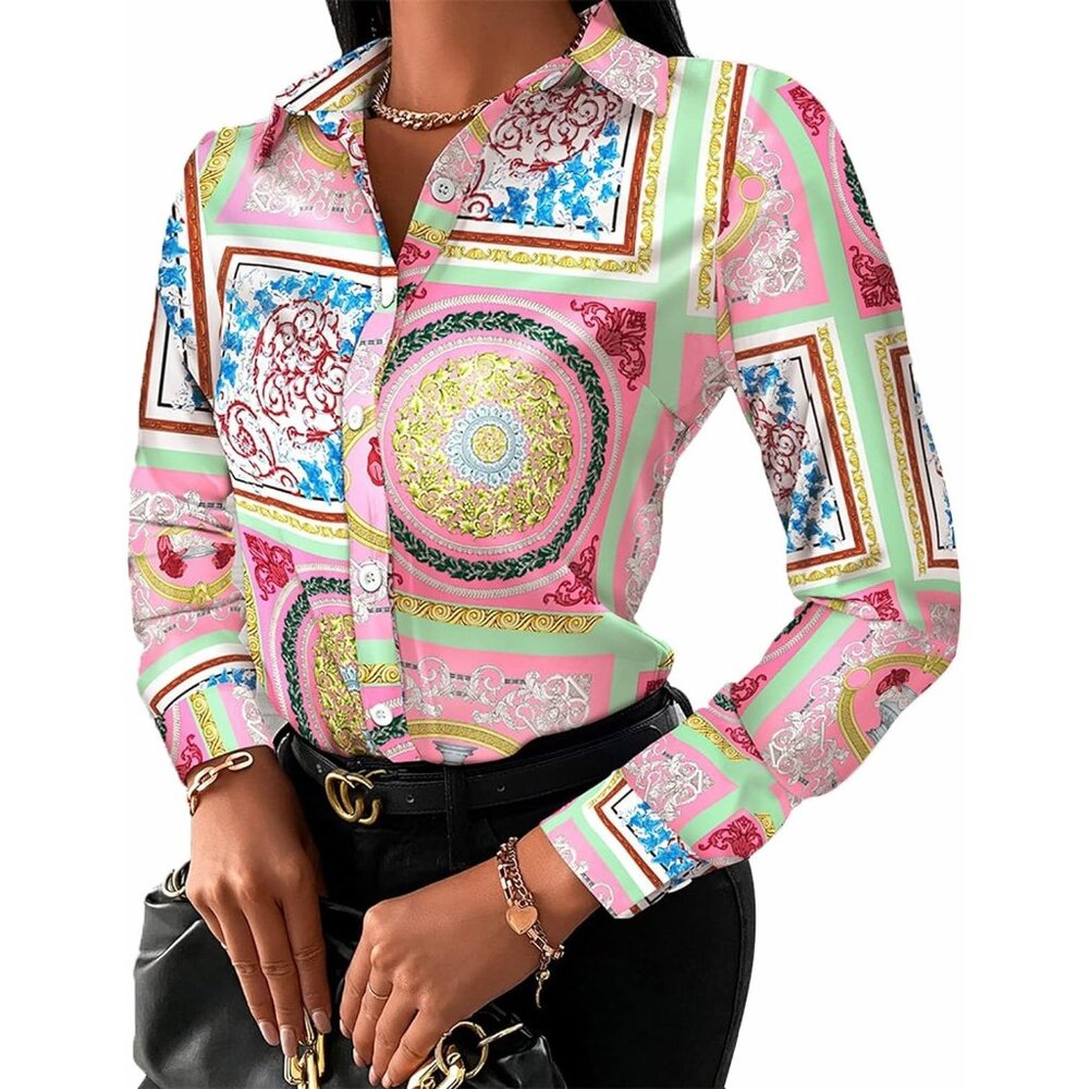 Women Pink Blouses Button Down Shirts Colorful Long Sleeve Floral Print Tops